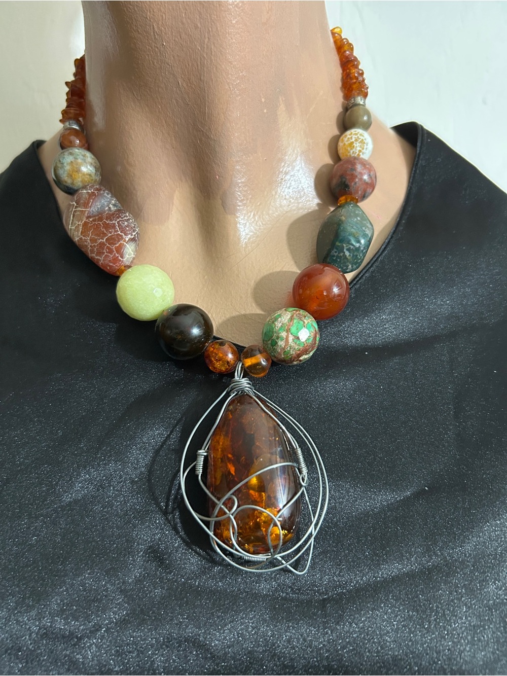 Handcrafted Multicolor Agate & Amber Pendant Necklace